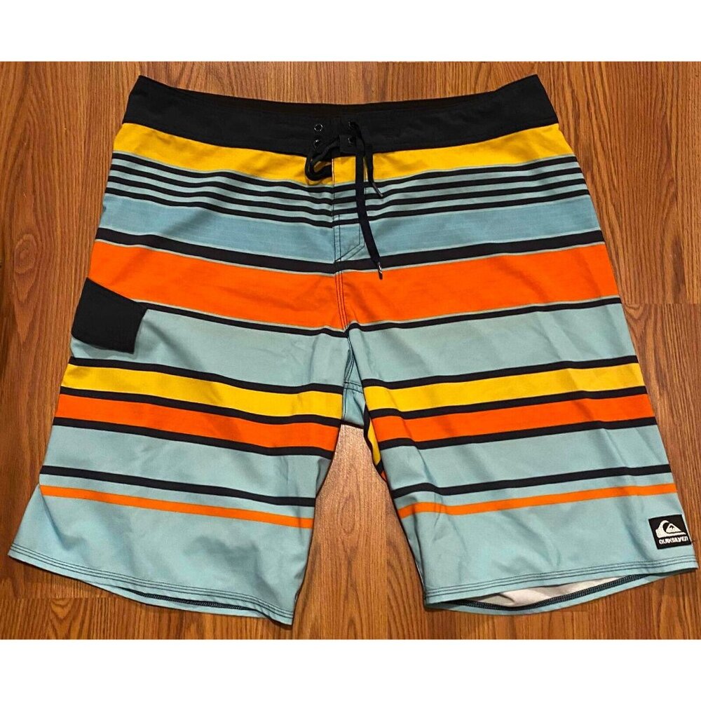 Quiksilver Board Shorts Mens 38 9" Striped Beach Swim Trunks Drawstring Pocket